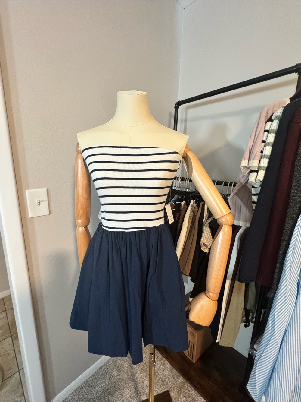 Double Zero White and Navy Striped Strapless Dress